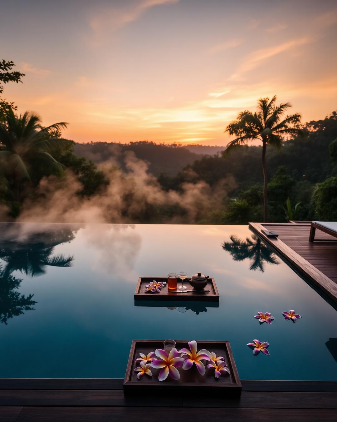 Private infinity pool at dawn with floating frangipani flowers